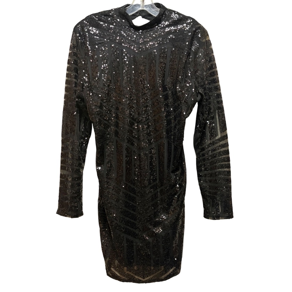 Boohoo Black Sequin Geometric Open Back Mini Dress Long Sleeve US 12